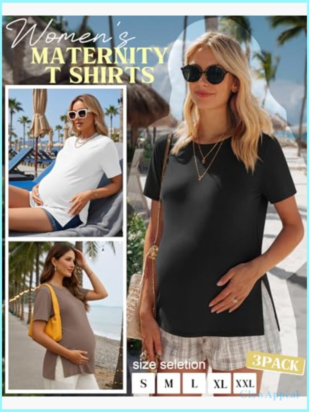 3 Pack Maternity T-Shirts Short Sleeve Side Split Crew Neck Pregnancy Tops - Picture 2 of 7